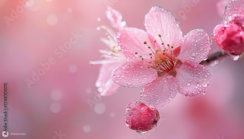 Experience the serene beauty of spring with these Soft pink cherry blossoms with delicate dew, capturing the magic of a spring morning Imagine yourself bathed in the soft glow of dawn, as tiny
