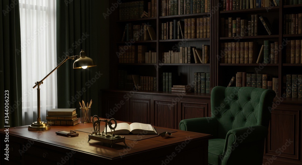 Desk with Books and Lamp in Traditional Library Setting Desk with Books and Lamp in Traditional Library Setting