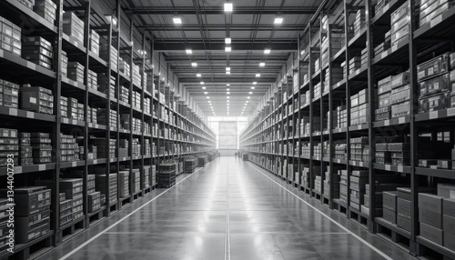 Wallpaper Mural ESG measurement concept. A vast warehouse filled with shelves of neatly organized boxes, leading to a bright light at the end of the aisle. Torontodigital.ca