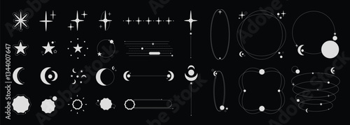 Set of abstract geometric shapes element vector. Collection of contemporary figure, circle, flower, sparkle, triangle, line ,frame, star. Design element for banner, prints, stickers, decor, icon.