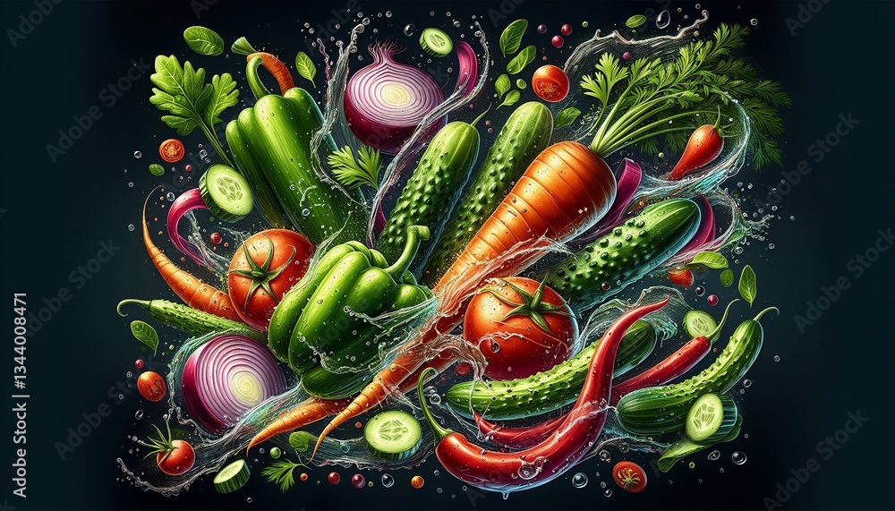 Naklejka premium Dynamic presentation of fresh vegetables in water, highlighting their vibrant colors and healthy appeal for healthy lifestyle concepts. 