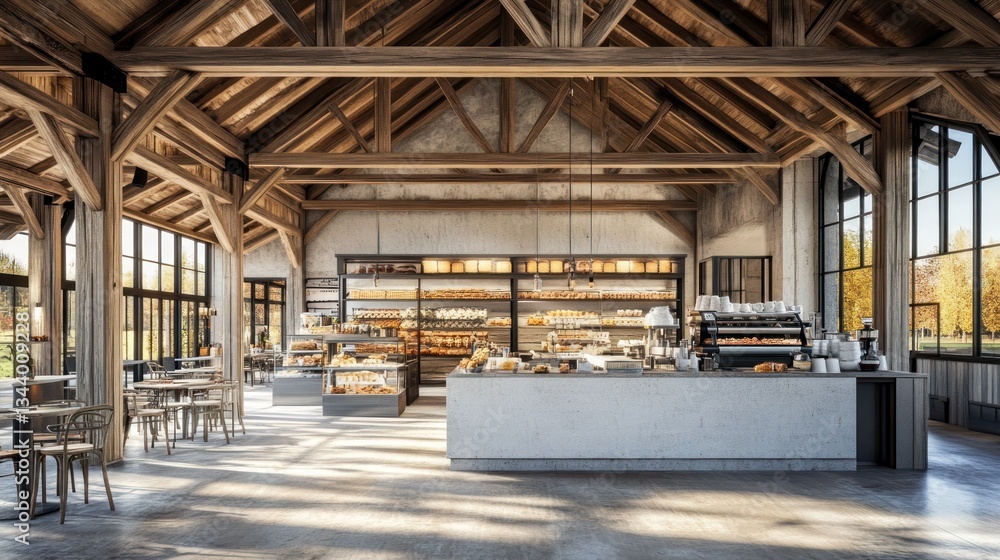 Rustic bakery interior with natural light showcasing artisan bread and pastries Rustic bakery interior with natural light showcasing artisan bread and pastries