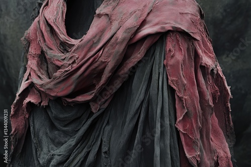 Tattered Fabric Drapery in Dark Hues with Red Accents and Texture