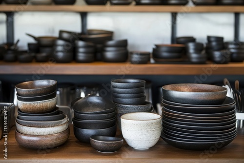 Elegant Collection of Various Dark Ceramic Bowls and Plates Displayed