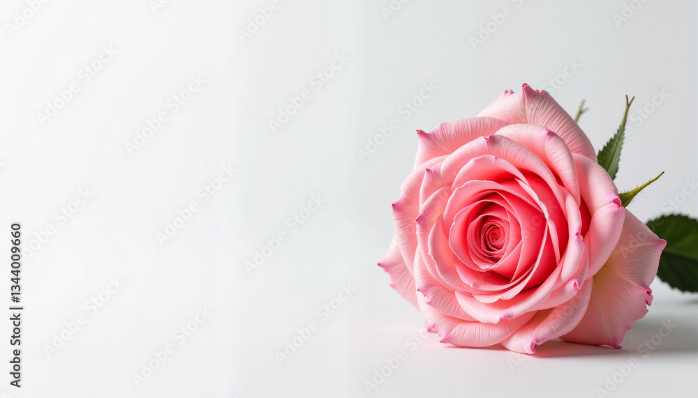 Fototapeta premium Pink rose blooming against a simple white background 