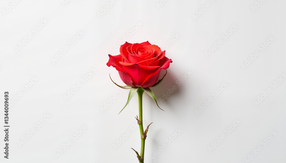 Red rose blooming against a simple white background Red rose blooming against a simple white background