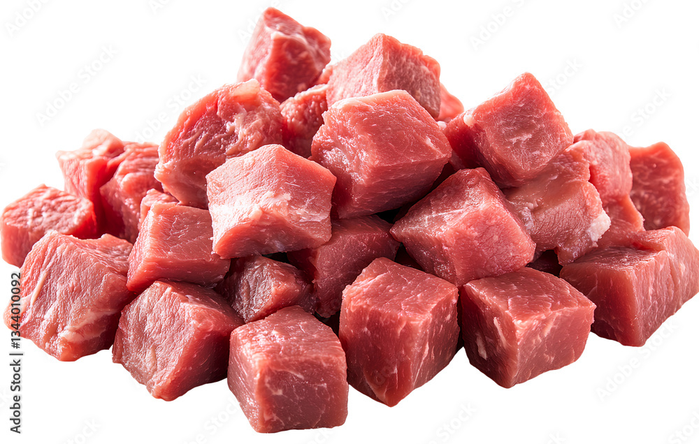 Piles of raw meat cubes isolated on a transparent background Piles of raw meat cubes isolated on a transparent background