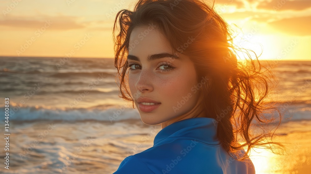 Fototapeta premium Young woman with curly hair gazes at the sunset by the ocean, capturing a serene moment at the beach