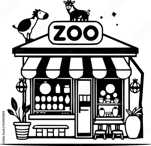 Detailed monochrome zoo souvenir shop and café illustration black and white vector art design