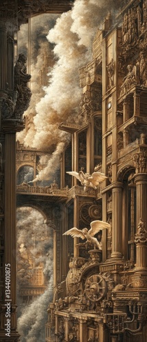 Steampunk city with angelic statues and smoke.