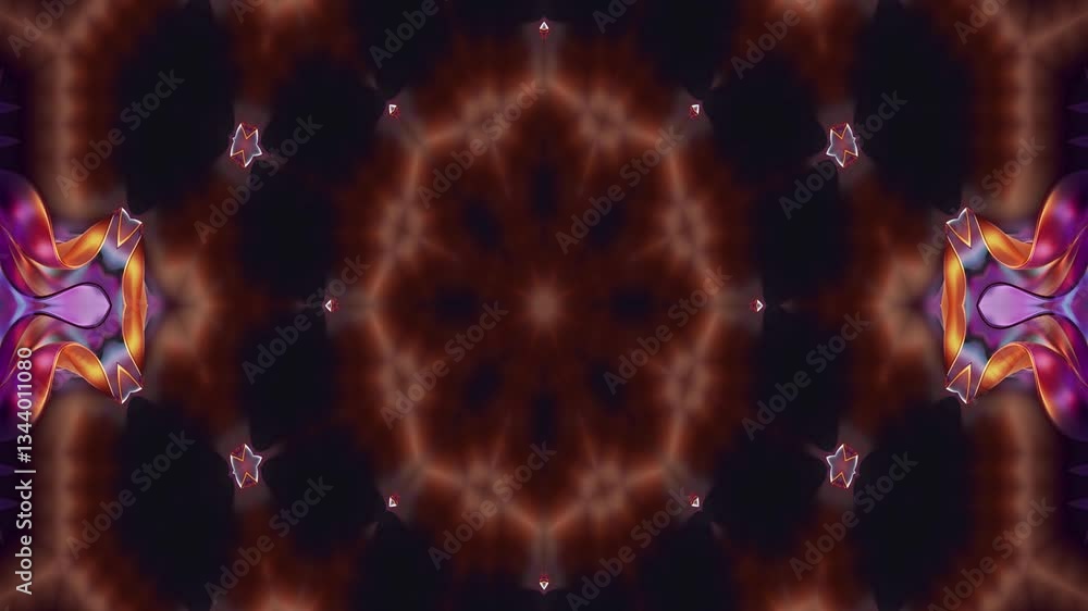 A vibrant, symmetrical kaleidoscopic pattern featuring swirling colors and abstract shapes.