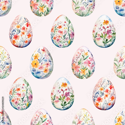 Colored watercolor Easter eggs with flowers on pink background.  Easter seamless pattern, vector illustration.  Texture for fabric, wrapping, wallpaper, print