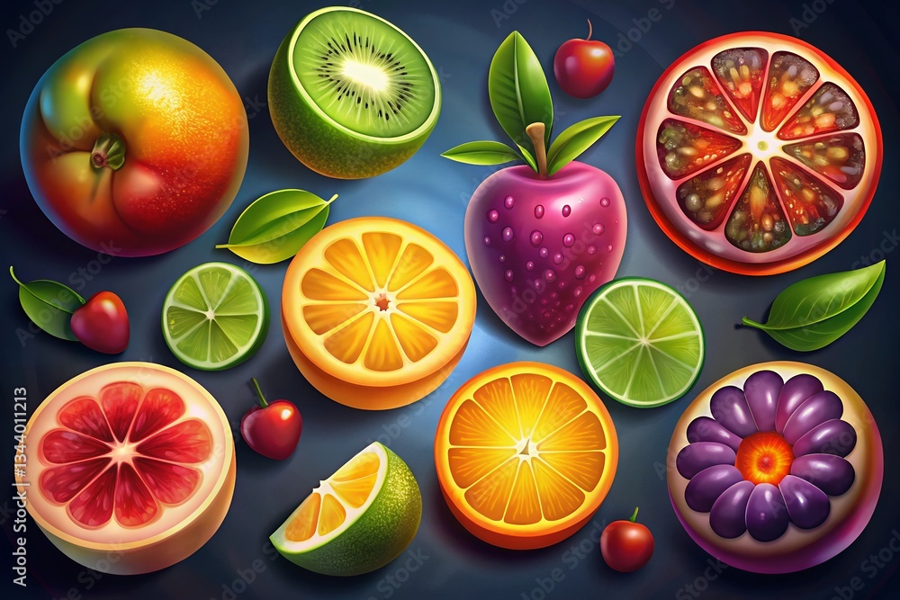 A vibrant explosion of juicy fruits, a tempting array of citrus, berries, and exotic delights, bathed in rich, saturated colors. A vibrant explosion of juicy fruits, a tempting array of citrus, berries, and exotic delights, bathed in rich, saturated colors.
