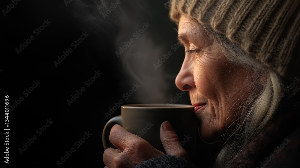 Close-up portrait of an elderly woman's face. she is wearing a knitted beanie and a scarf around her neck. the woman is holding a black mug in her hands and is taking a sip from it. Close-up portrait of an elderly woman's face. she is wearing a knitted beanie and a scarf around her neck. the woman is holding a black mug in her hands and is taking a sip from it.