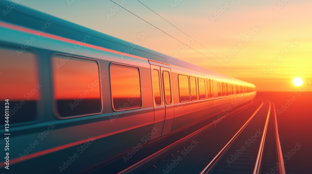 Naklejka premium Vibrant Sunset over Train Tracks with Modern Train Silhouette Against Colorful Sky in Motion