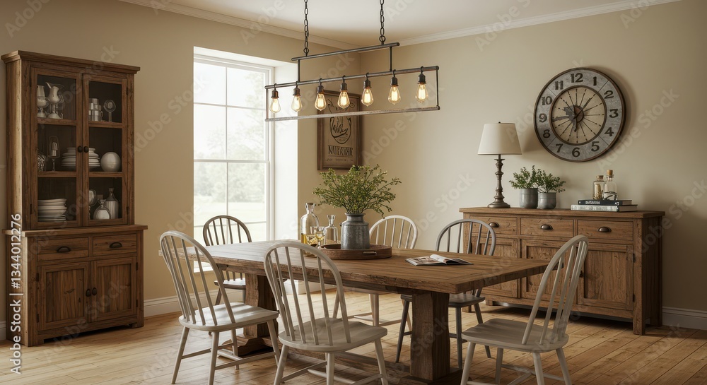 Fototapeta premium Dining Room Interior with Rustic Wooden Furniture and Classic Design