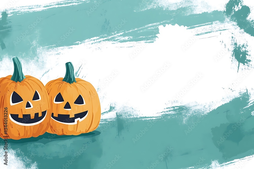 Fototapeta premium Cute Halloween Jack-o'-Lantern Pumpkins Teal Background Illustration