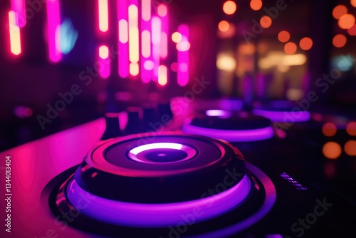 DJ Turntable with Colorful Lights and Vibrant Mood in Nightclub