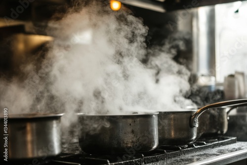 Steam Rising from Pots in a Professional Kitchen Workspace