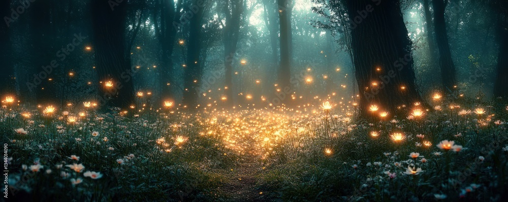 Enchanted Forest with Wildflowers and Fireflies in Soft Light Magic Landscape Enchanted Forest with Wildflowers and Fireflies in Soft Light Magic Landscape