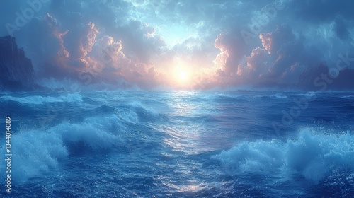 Serene seascape at dawn with waves crashing against rocky cliffs under colorful clouds