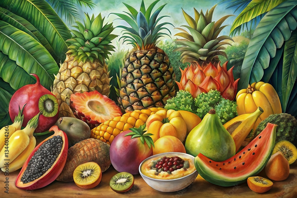 A vibrant still life showcasing an abundance of exotic fruits bathed in warm sunlight, a tropical paradise captured in rich, luscious detail. A vibrant still life showcasing an abundance of exotic fruits bathed in warm sunlight, a tropical paradise captured in rich, luscious detail.