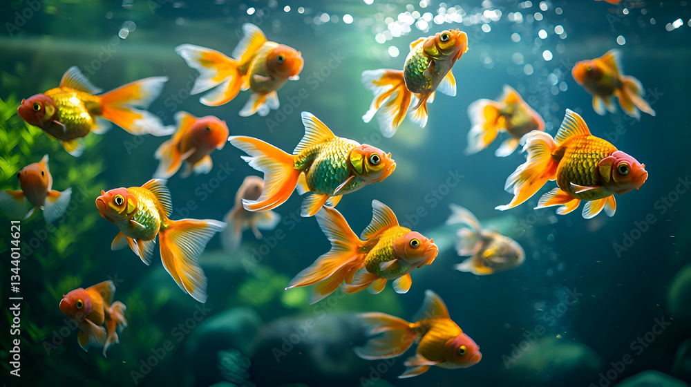 Swimming Goldfish School in Aquarium with Bubbles and Green Plants Swimming Goldfish School in Aquarium with Bubbles and Green Plants