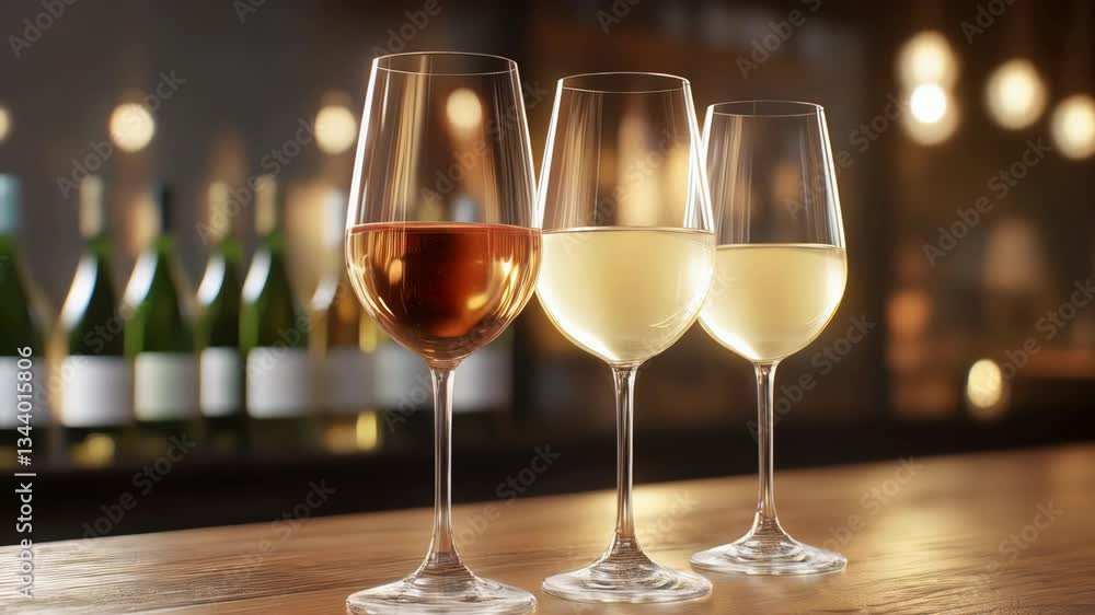 Wine Glasses on Bar: Rosé and White Wine Selection Elegant and inviting atmosphere for connoisseurs Wine Glasses on Bar: Rosé and White Wine Selection Elegant and inviting atmosphere for connoisseurs