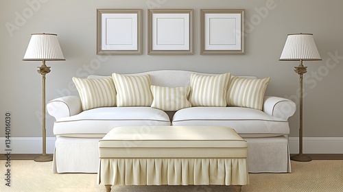 Elegant Living Room Interior Featuring Cozy Sofa and Stylish Lamps in Soft Neutral Tones