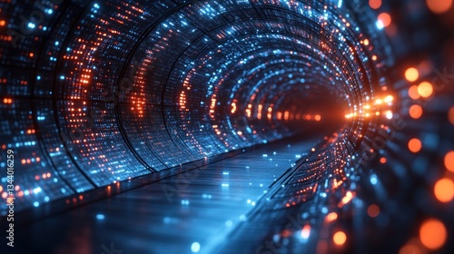 Futuristic data tunnel, vibrant lights, digital pathway, glowing code background
