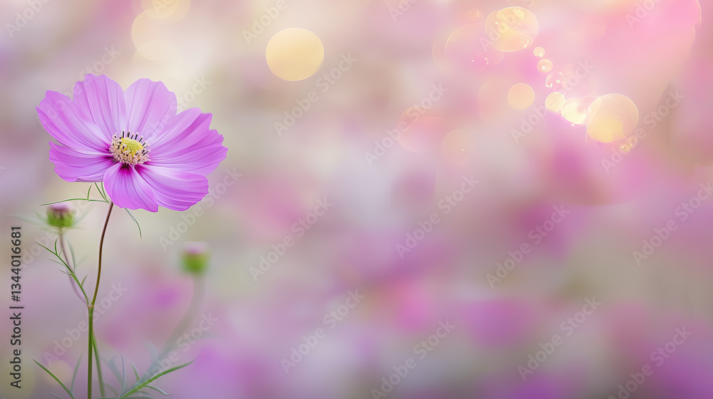 Fototapeta premium Earth Day Celebration: Ethereal Pink Cosmos Bloom with Pastel Bokeh, Symbolizing Ecological Harmony. Macro Details, Soft Focus, and Nature Conservation Themes in High-Res Floral Art.