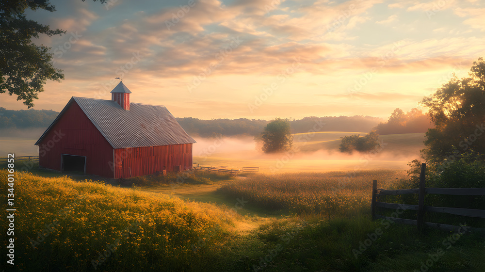 Red Barn in a Misty Morning Meadow Surrounded by Green Fields and Trees Red Barn in a Misty Morning Meadow Surrounded by Green Fields and Trees