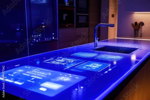 Futuristic Kitchen Design with Touchscreen Counter and Blue Lighting