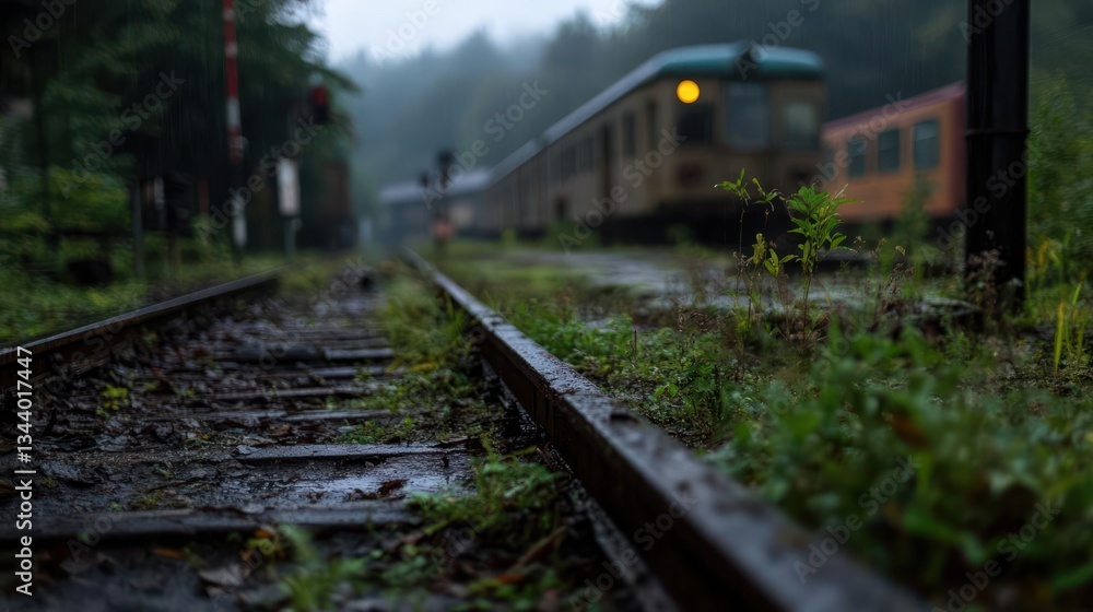 Fototapeta premium Overgrown Railway Track and Vintage Train in the Rain