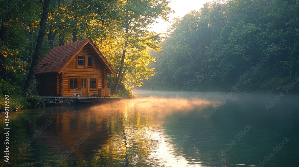 Fototapeta premium Serene lakeside cabin surrounded by lush trees at dawn, mist rising gently
