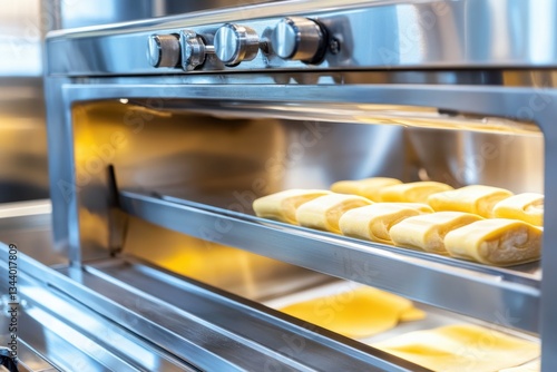 Freshly Baked Bread Rolls in Modern Commercial Oven Display