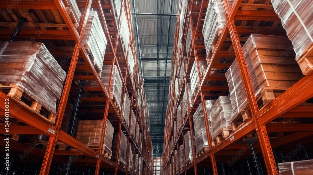 Spacious warehouse interior with tall racking systems and neatly stacked pallets. Perfect for logistics, storage, and industrial business themes. Spacious warehouse interior with tall racking systems and neatly stacked pallets. Perfect for logistics, storage, and industrial business themes.