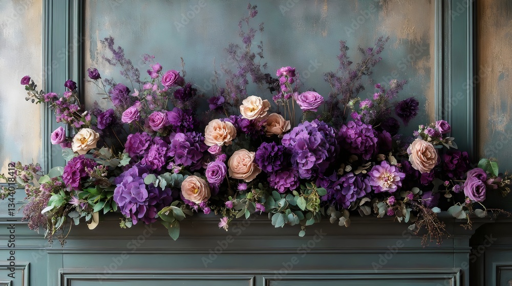 Naklejka premium A green mantle with a floral arrangement of purple flowers