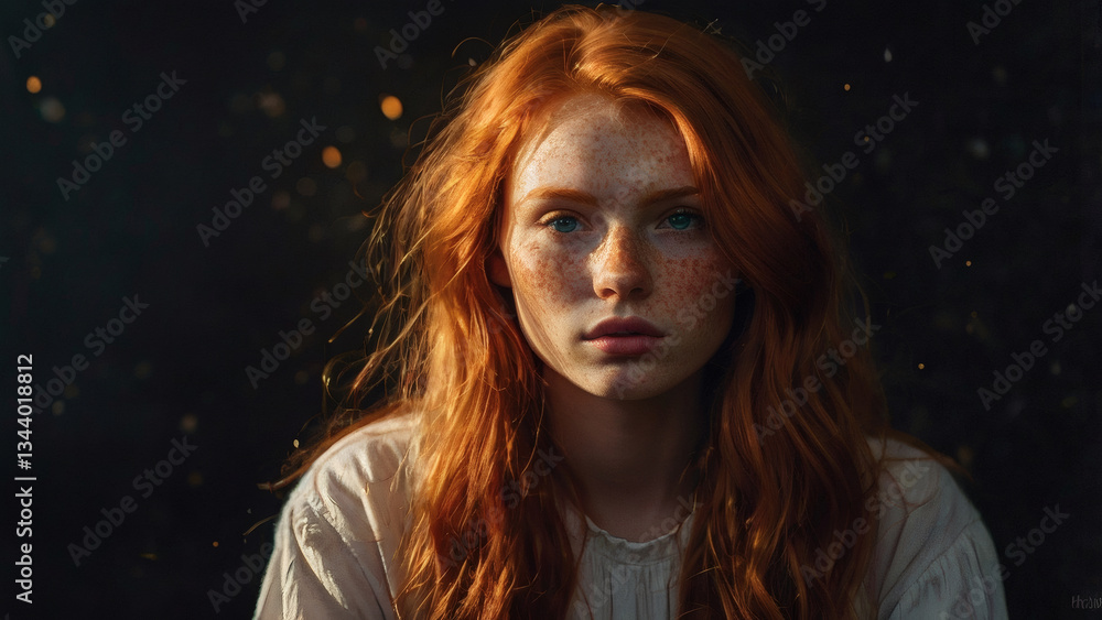 Portrait of a beautiful red-haired girl with curly hair and freckles on her face in the sunlight. Portrait of a beautiful red-haired girl with curly hair and freckles on her face in the sunlight.