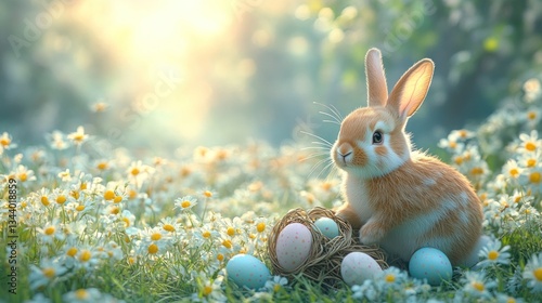 Cute Easter Bunny Sitting in Meadow with Eggs