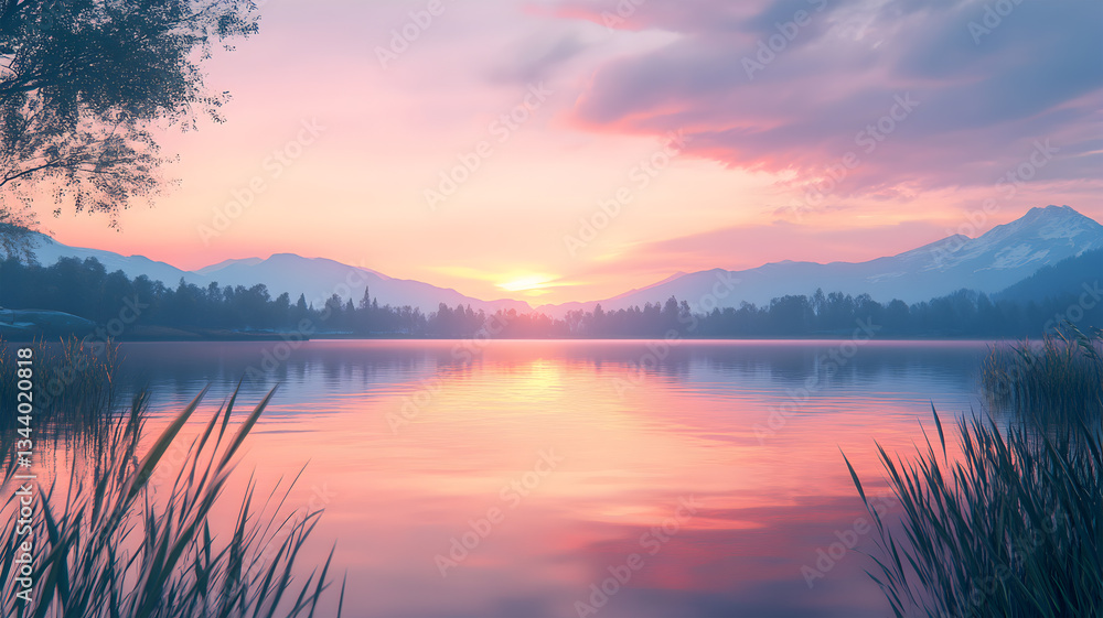 Fototapeta premium Dreamy Sunset Over a Serene Lake with Pink Clouds and Blossoming Trees