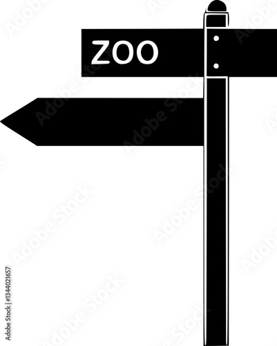 Monochrome black and white zoo directional signpost illustration for navigation and information in wildlife parks and zoological gardens with animals and attractions indicated in minimalist vector sty