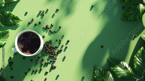 Warm coffee cup surrounded by coffee beans and green leaves on a bright surface during daytime