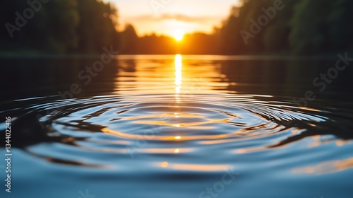 Fototapeta Naklejka Na Ścianę i Meble -  Ripples on a lake at sunset reflecting the golden light with trees in the background