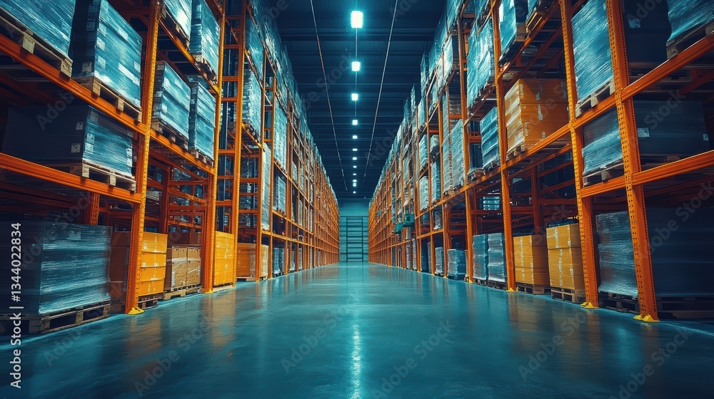 Spacious warehouse interior with tall racking systems and neatly stacked pallets. Perfect for logistics, storage, and industrial business themes.