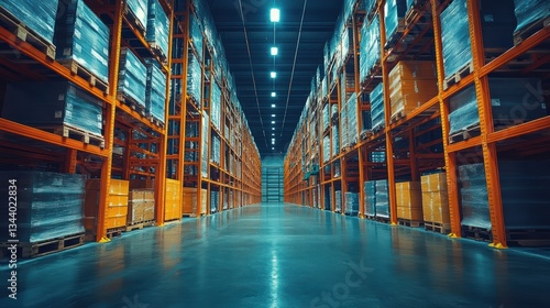 Obraz na płótnie Spacious warehouse interior with tall racking systems and neatly stacked pallets. Perfect for logistics, storage, and industrial business themes. w salonie