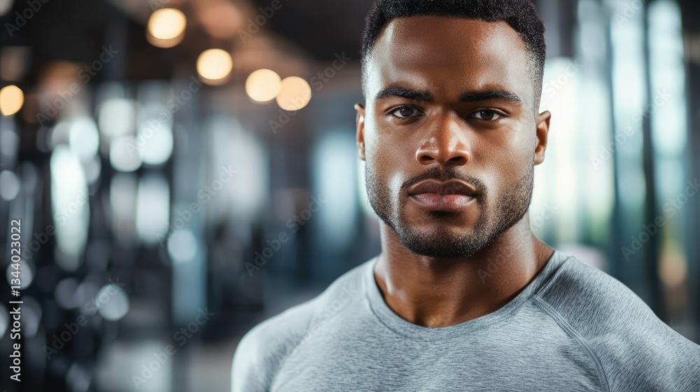 Focused athlete in a gym setting, showcasing determination and strength amidst blurred workout equipment Focused athlete in a gym setting, showcasing determination and strength amidst blurred workout equipment