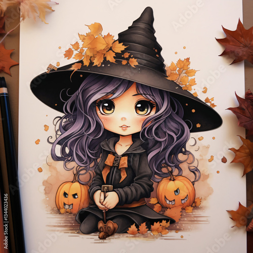 Cute cartoon illustration of a little forest witch in a hat and robe. Cute anime chibi character.