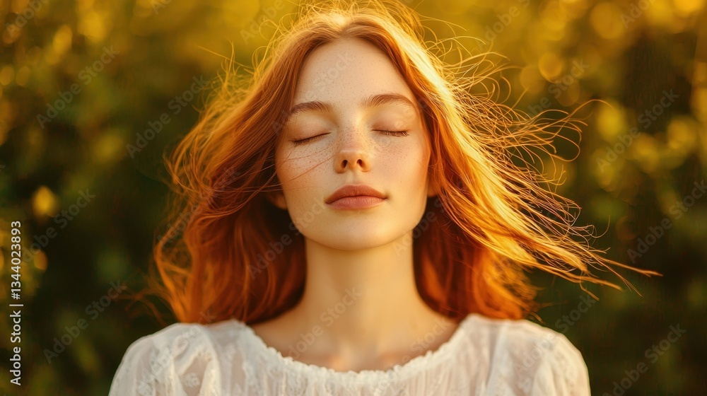 Naklejka premium Serene Young Woman with Red Hair and Closed Eyes in Nature during Golden Hour Lighting