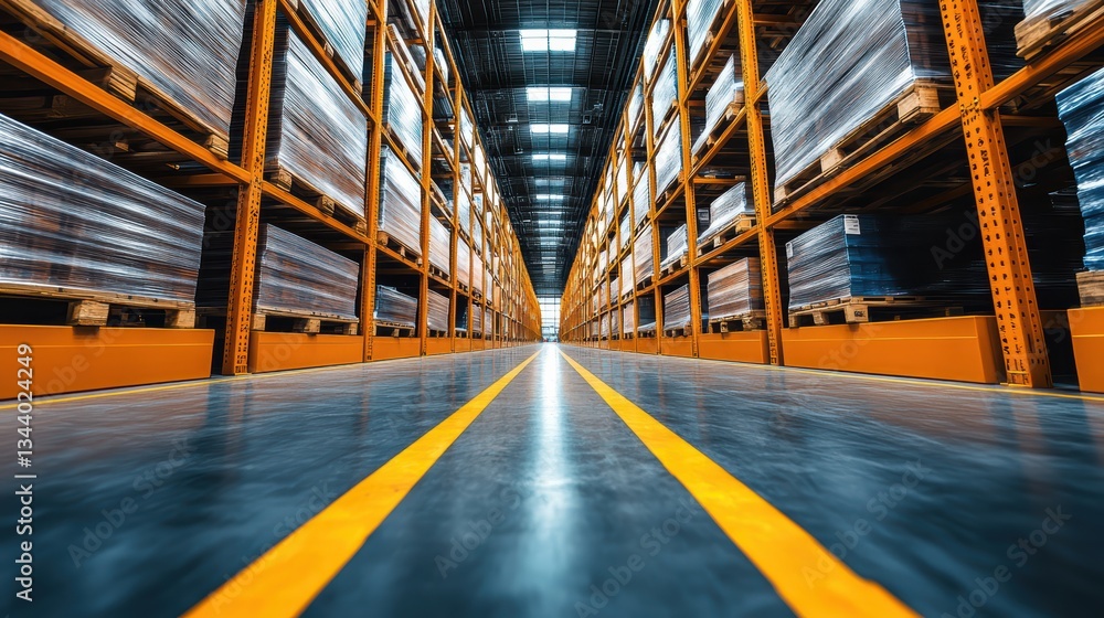 Spacious warehouse interior with tall racking systems and neatly stacked pallets. Perfect for logistics, storage, and industrial business themes.